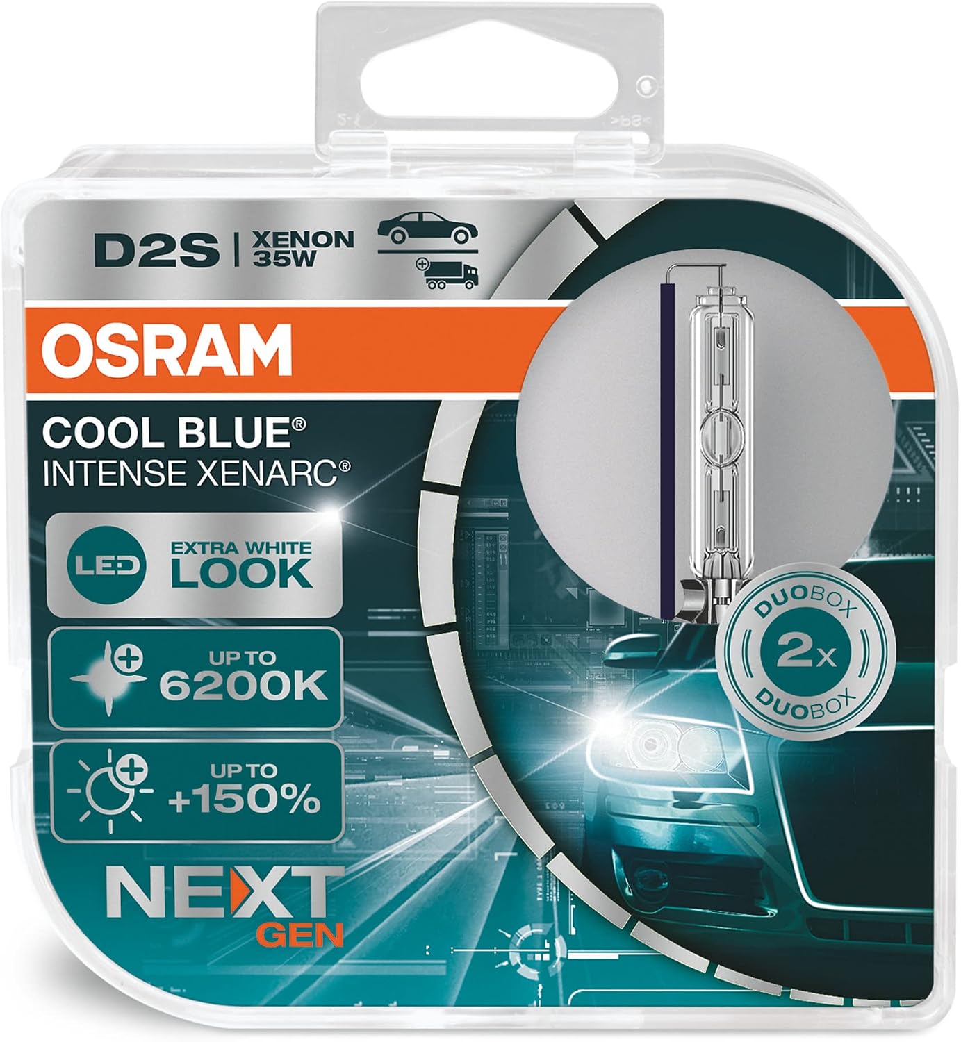 OSRAM XENARC COOL BLUE INTENSE D2S, 150% more brightness, up to 6,200K, xenon headlight lamp, LED look, duo box 2 lamps 66240CBN-HCB [Energy Class A]
