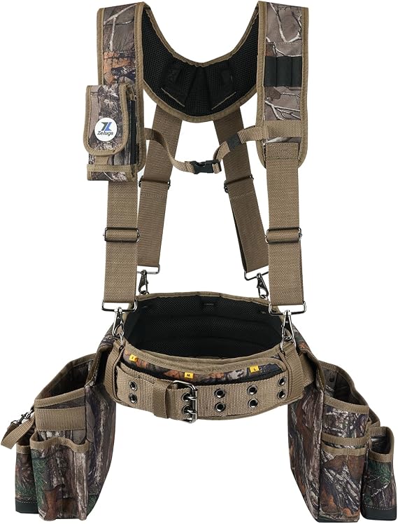 Zeluga 20-523 Large Pockets Tool Belts for men with Suspenders, 4" Padded Toolbelt, Steel Hammer Holster, Carpenter Tool Pouch, Professional Tool Vest for men Construction, Camo