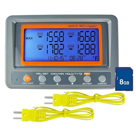 4-Channel Thermocouple Data Logger -328~2498F Thermocouple Thermometer, Temperature Data Logger with 8GB SD Card, Unlimited Auto Logging, High/Low Alarm, MAX/MIN, Scheduled Start, Backlit LCD