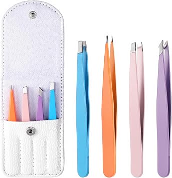 4Pcs Mini Tweezers Set, Micro Tweezers Stainless Steel Precision Eyebrow Tweezer for Facial Hair Removal, Travel Size With Leather Case
