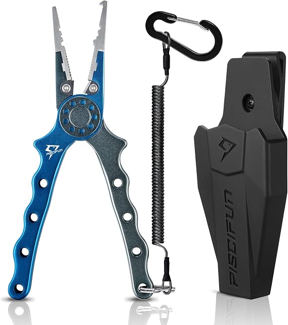 Piscifun Saltwater Fishing Pliers, Aluminum, Split Ring, Braid Cutter | Hook remover, tungsten carbide blade, spring-loaded jaws, ergonomic grip, sheath and lanyard