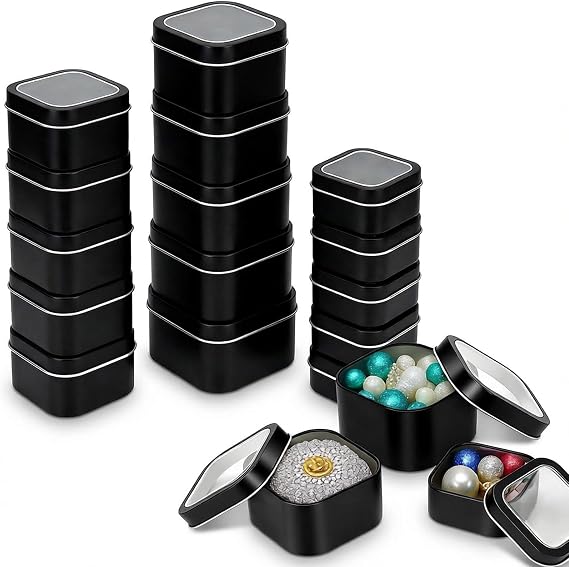 Goodma 18-Pack Empty Square Black Metal Tins with Clear Window, Mixed Sizes