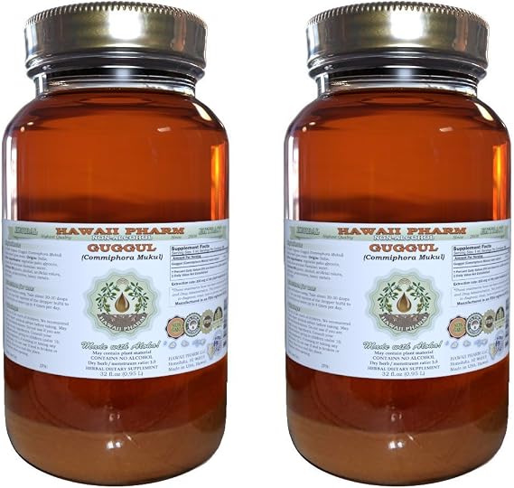 Hawaii Pharm Guggul Alcohol-Free Liquid Extract, Guggul (Commiphora Mukul) Unprocessed Gum Resin Glycerite Natural Herbal Supplement 2x32 oz Unfiltered
