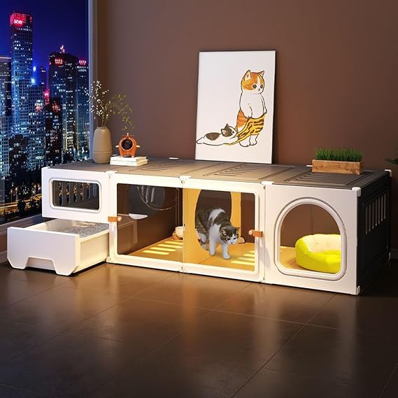 RYTM Cat Cages with Litter Box,Large Singe Layer Home Indoor Cat Cage, Cat Villa, 2-Layer Cat House, Luxury Pet Cat Cage Cat Box with Transparent Door, Plastic cat House(140 * 45 * 35cm)