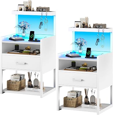 AOGLLATI Nightstand Set of 2 with Charging Station, White Night Stands for Bedroom Set of 2, Bedside Table with Storage Drawer and LED Light, End Side Table with USB Ports Easy Assembly