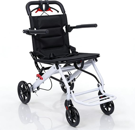 Folding Wheelchair Lightweight Portable Transit Travel Chair for Adults - Ergonomic Design with Adjustable Safety Strap Carbon Steel Frame PU Wheels Smooth Ride, Compact Foldable Mobility Aid