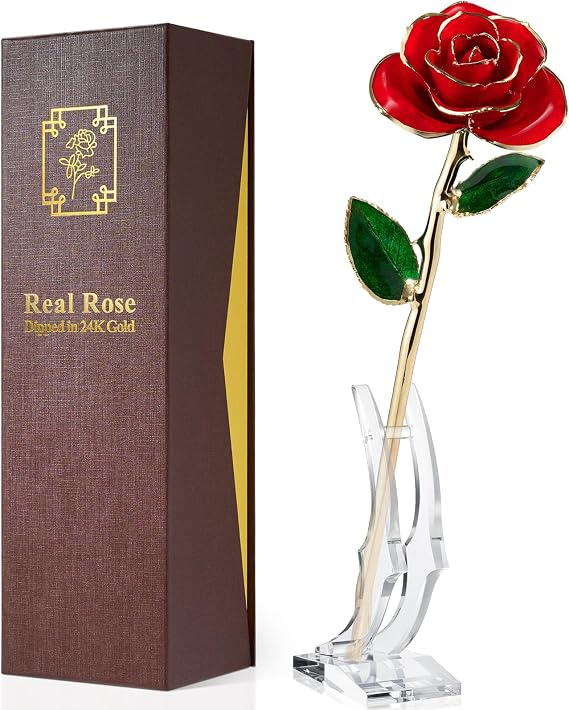 Yonktoo Gold Dipped Rose - Real Rose Preserved in 24K Gold with Stand, Forever Gift for Her, Mother's Day, Valentine's Day, Anniversary - Romantic Gift for Wife, Mom, Girlfriend - Red