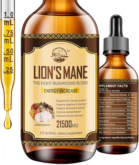 Lions Mane Supplement, Liquid Mushroom Extract Drops, 8 Mushrooms Complex for Cognitive Support and Immunity Boost, Up to 2 Month Supply, Mushroom Supplement with Lions Mane, Cordyceps, Reishi