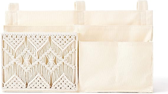 Mkono Bedside Caddy, Macrame Bunk Bed Hanging Organizer, 7 Pockets Ivory | Dorm Room Essentials, Boho Storage Bag, Remote Books Magazines Phone Snacks Drinks Holder, Bedroom Nursery Loft Baby Bed Rail
