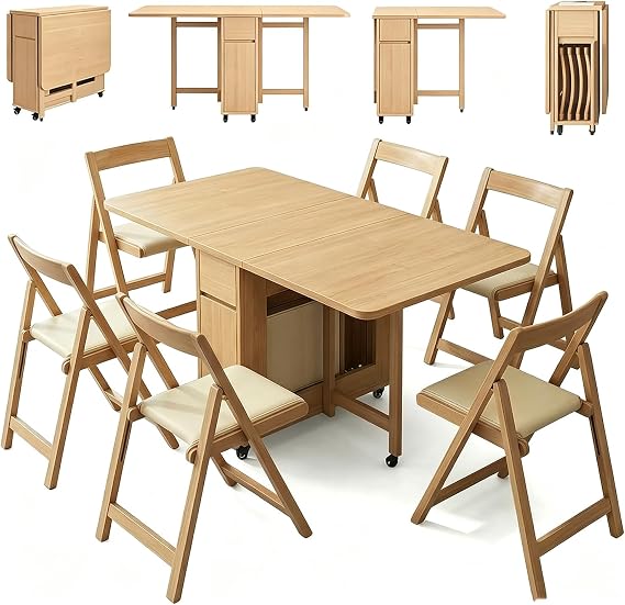 Folding Dining Table Set With 6 Chairs, 55" Mobile Solid Wood Drop Leaf Table, With Storage & 4 Lockable Wheels, Multi-functional Kitchen Island Cart For Small Apartment
