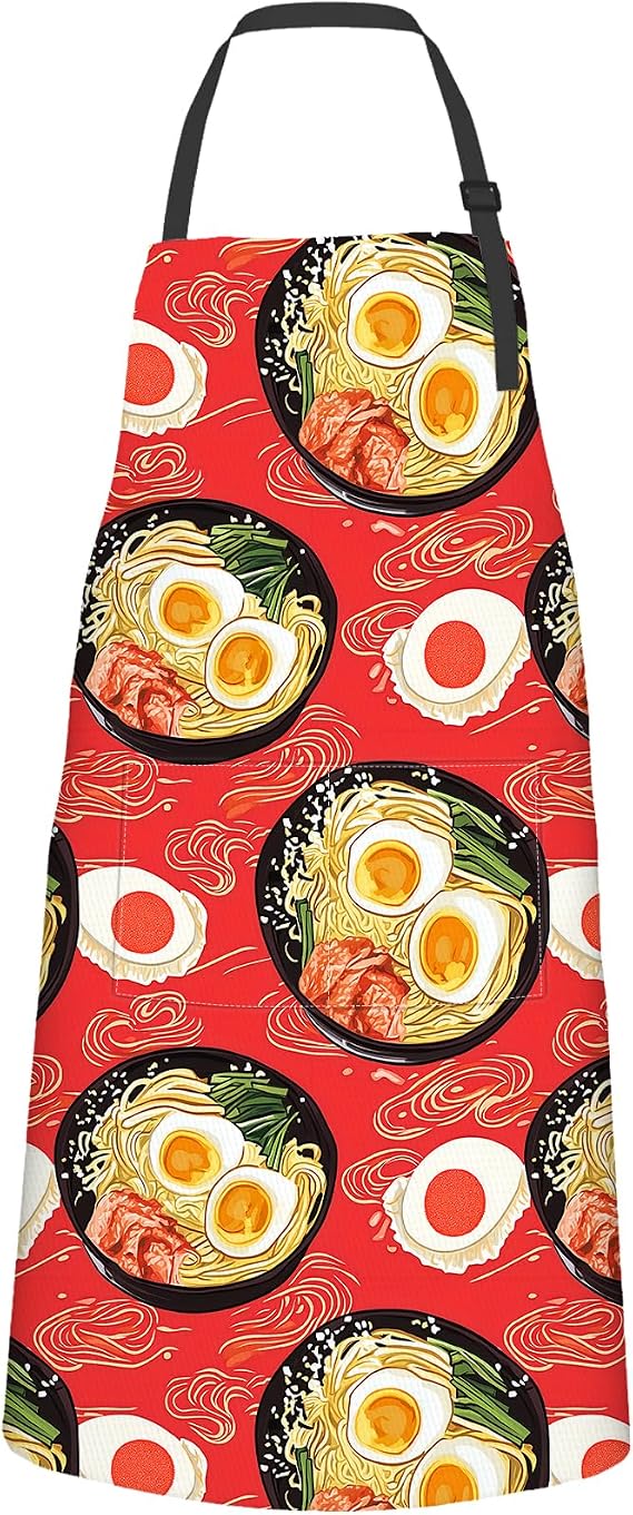 Ramen Apron,Oxford Fabric Adjustable Kitchen Apron with 2 Pockets,Waterproof Heat Insulation Cooking Aprons for Adult,Ideal Gifts for Coffee House,Shop,Baking,BBQ,Housewarming,28x33in