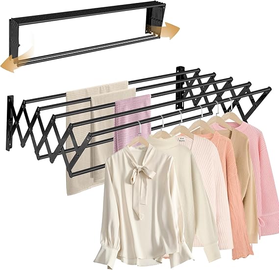 XL-31.5" Wall Clothes Drying Rack, Retractable Mounted Rack Black
