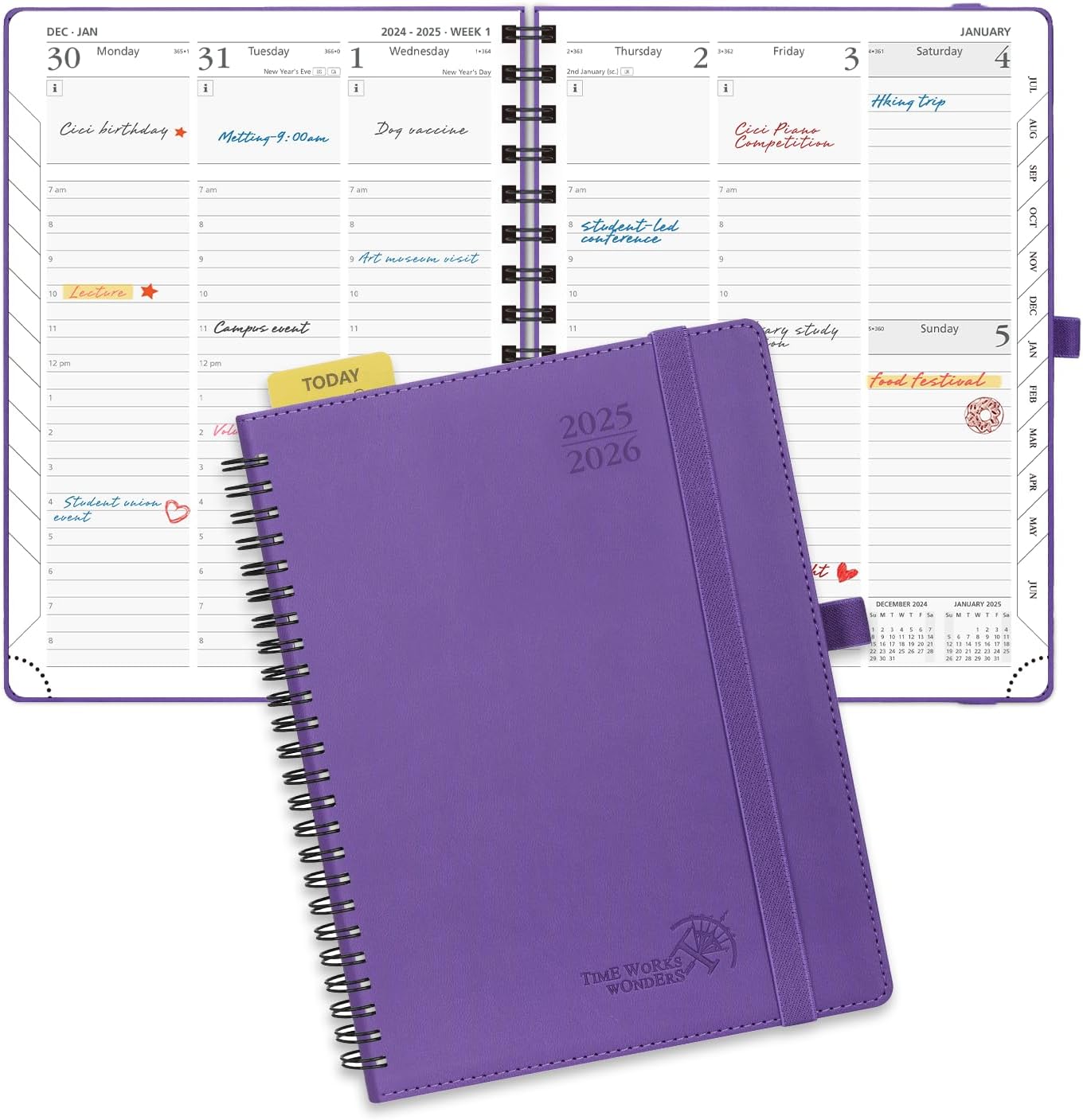 POPRUN Planner 2025-2026 Medium - 6.5 x 8.5 Academic Weekly Calendar July 2025 - June 2026 with Hourly Time Slots, Monthly Tabs, 100GSM Thick Papers, Spiral Leather Cover - Purple