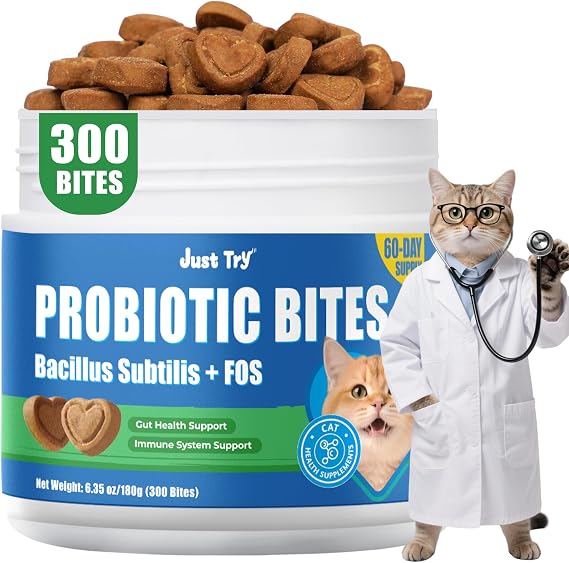 Just Try 300 Bites Cat Probiotic Bites Probiotics for Cats Chicken Flavor Healthy Cat Treats Digestive Support 6.35 oz