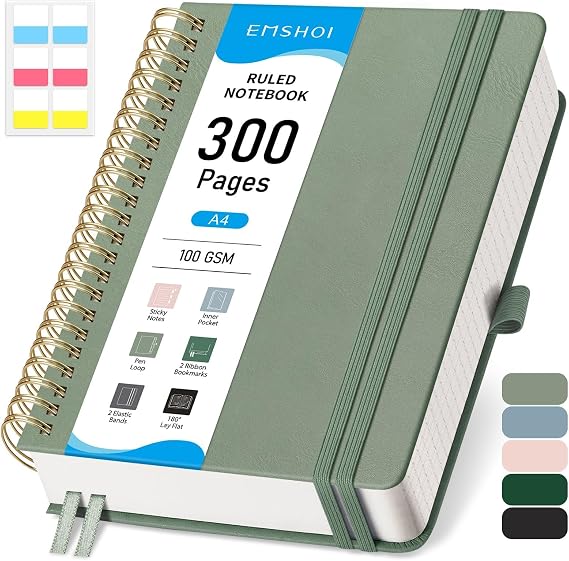 EMSHOI Lined Spiral Journal Notebook, 300 Pages, A4 (8.2"x11.2")