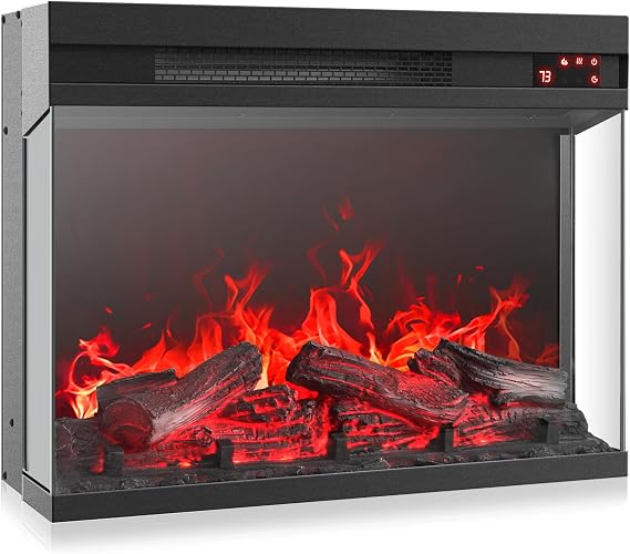 BELLEZE 23" Electric Fireplace with Realistic Crackling Sound, 3-Side Glass Display Fireplace Heater, Adjustable Timer & LED Flame Lights, Freestanding Indoor Fireplace for Bedroom, Living Room