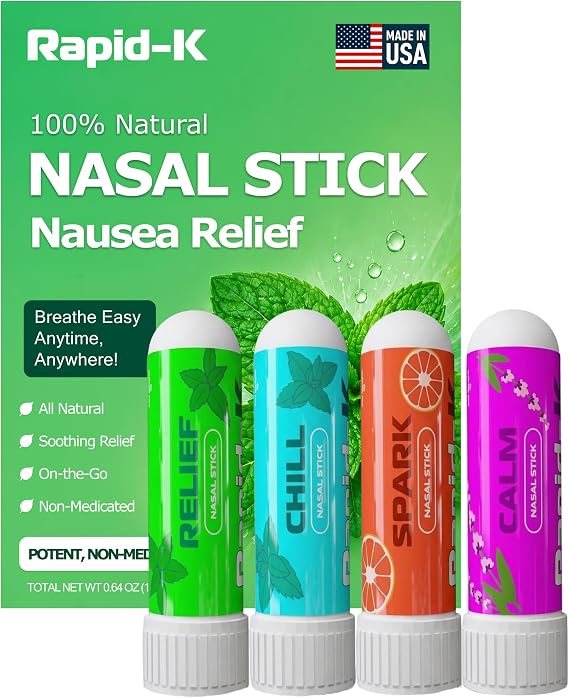 Rapid K1 Nasal Inhaler Stick 4 Pack Nausea & Sinus Relief, Motion Sickness & Morning Sickness Non-Medicated Menthol Aromatherapy Inhalers Mint, Wintergreen, Lavender, Tropical Variety Pack