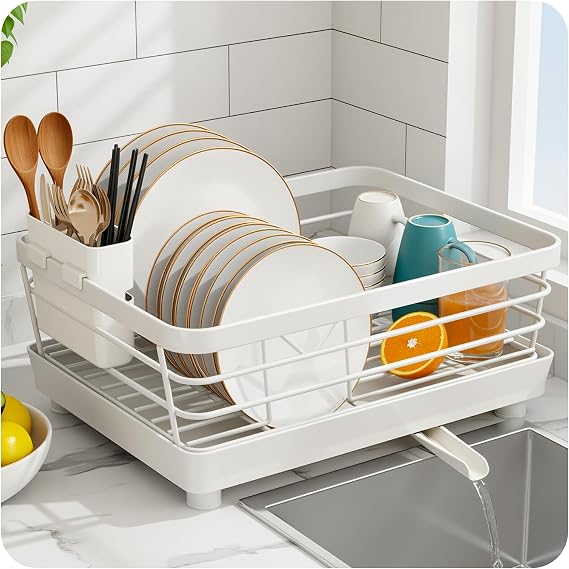 Small Dish Drying Rack with Drainboard, Stainless Steel Core, White