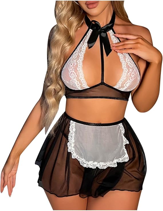 Women Maid Cosplay Lingerie 2 Piece Sexy Maid Outfit Mesh Lace Bra and Sheer Skirt French Lingerie Costume Set