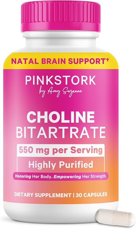 Pink Stork Choline Bitartrate 550 mg, Fetal Cognitive Health, 30 Count