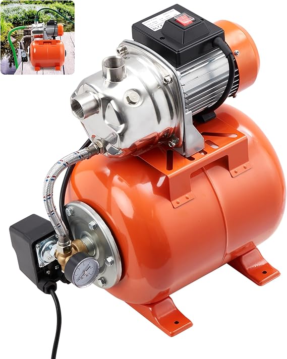 1HP Shallow Well Pump, Stainless Steel Pressure Tank, 950 GPH 115V, Winter Proof Design, for Home Garden Lawn Sprinkler Irrigation, Orage