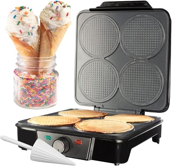 Mini Waffle Ice Cream Cone Maker, 4 Homemade Mini Cones, Shaper Roller