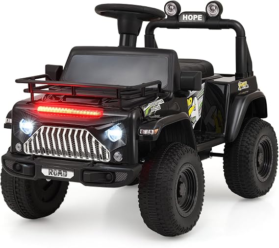 OLAKIDS Ride on Car for Toddlers, 6V Kids Truck Electric Vehicle with Foot Pedal, Music, Horn, Radio, LED Lights, USB, Storage for Boys Girls 3-8 Years, Black