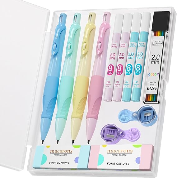 Four Candies 4PCS 2mm Mechanical Pencils for Kids, Comfort Ergonomic Grip