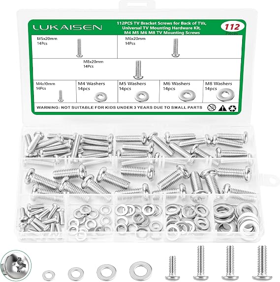 112 Pcs 304 Stainless TV Mount Screws, M4 M5 M6 M8 Bolt Washer Kit