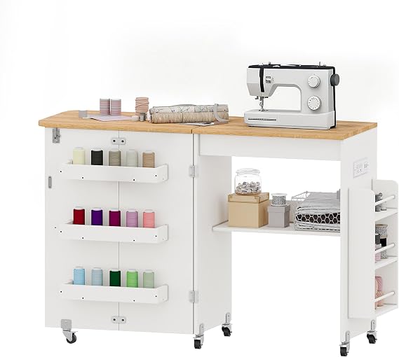 Sewing Table with Storage, Folding Sewing Table with Charging Station/Shelves,Lockable Casters, Sewing Machine Desk for Home Apartment, Studio (White)