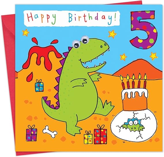 Twizler 5th Birthday Card Dinosaur - Age 5 Birthday Card - Girls Birthday Card Age 5 - Boys Birthday Card Age 5 - Boy 5th Birthday Card Girl - Happy Birthday Card 5 Year Old - Card Age 5