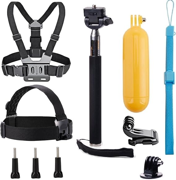 Universal Action Camera Accessories Bundle Head Chest Strap Mount/Selfie Stick/Floating Hand Grip Compatible with Dragon Touch/AKASO EK7000 Brave 4 5 6 7 LE V50X/GoPro Hero 13 12 11 10 9 8 7