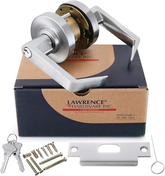Lawrence Commercial Classroom Lock Door Handle - Grade 1 Chrome Finished Entry Door Lever with Cylindrical Lockset - Extra Heavy Duty Hardware, Easy Installation - Ergonomic Lever for School, Office