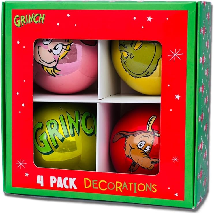 The Grinch Christmas Tree Decoration Dr Seuss Baubles Home Decor Hanging Seasonal Decoration Festive Item NEW (Pack Of 4 Baubles)