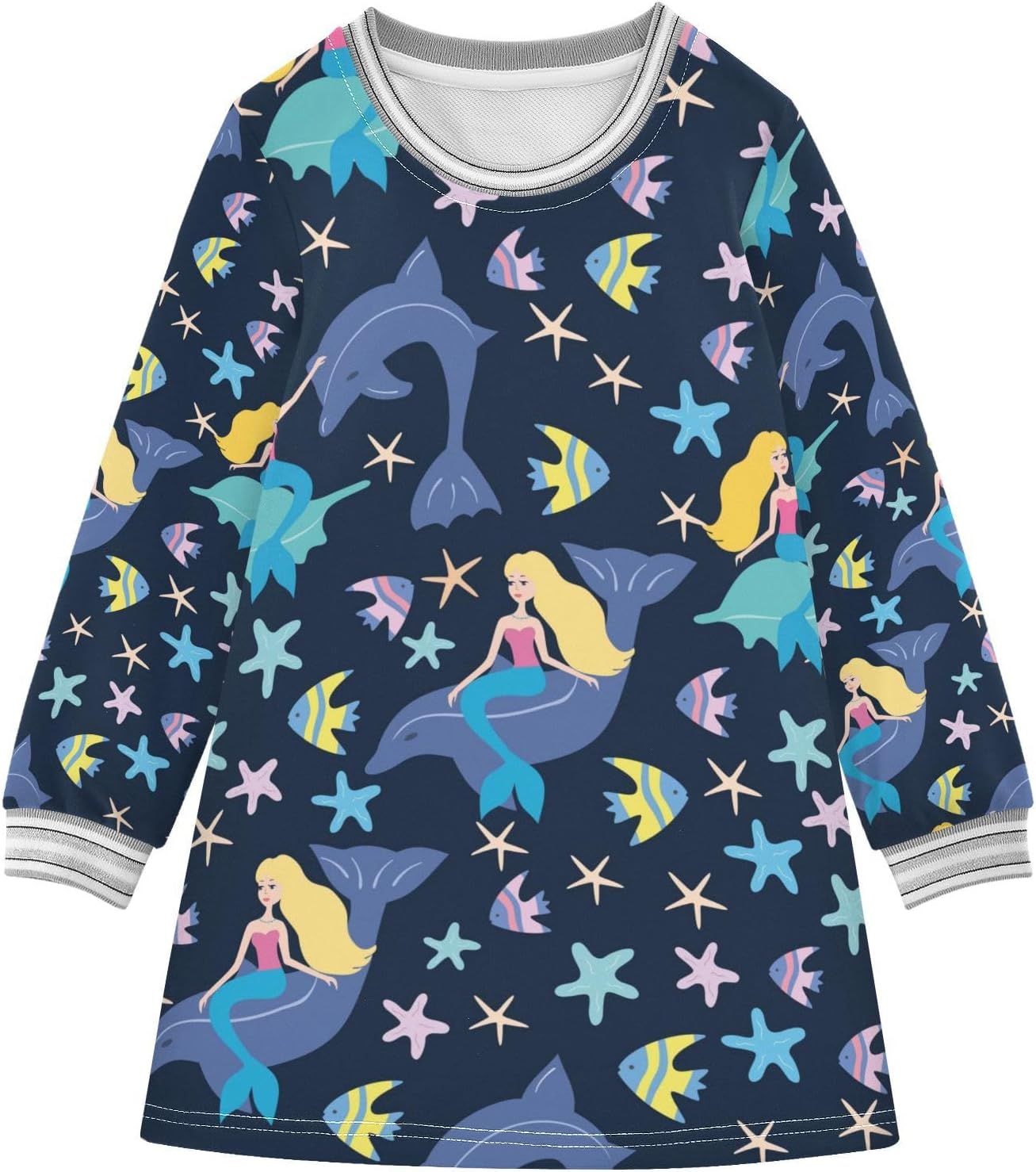 Toddler Girl Long Sleeve Dress Mermaids Fish Dolphins Casual Tunic Playwear Basic Party Dresses 2-8Years
