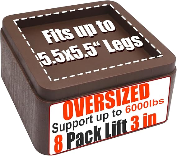 MYMULIKE Bed Risers 3 Inch, Oversized Fit Up to 5.5" Legs, Heavy Duty Support 6000lbs, Stackable Bed Raising Blocks Furniture Sturdy Bed Lifts for Couches, Tables, Desk(Brown, 3 inch-8 Pack)
