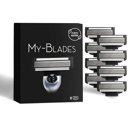 My-Blades 5-Blade Razor Cartridges Compatible with Gillette Mach3 Handles, 8 Count - Mens Razor Blade Refills, Low-Plastic Eco-Friendly Replacement Razor Blades for Men