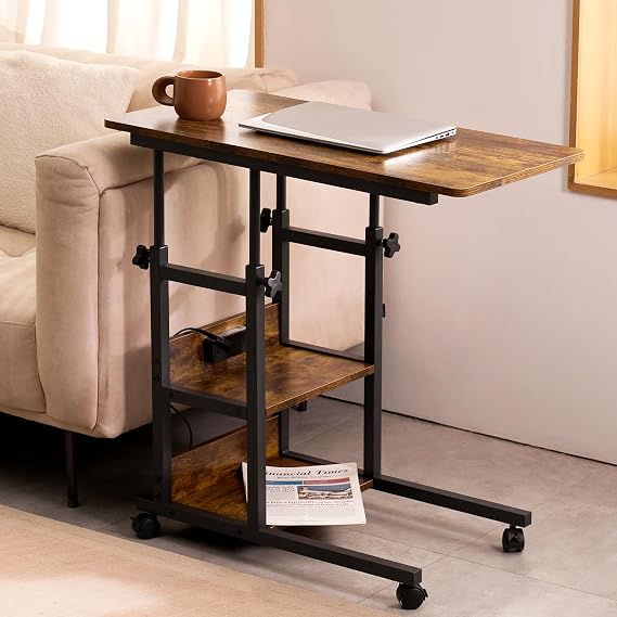 Mobile C Shaped End Table with Charging Station for Couch Bed | Height Adjust 25.2-31.8", 2 AC/3 USB, 4 Rolling Lockable Wheels, 2-tier Shelves, Slide Under Sofa, Safe Corner