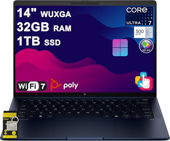 HP EliteBook X G1i Laptop 14" WUXGA Touchscreen (500nits 100% sRGB) Intel 8-core Ultra 7 258V (NPU Up to 47 Tops) 32GB DDR5 1TB SSD for Designer Business Professional Win11 ICP Hub