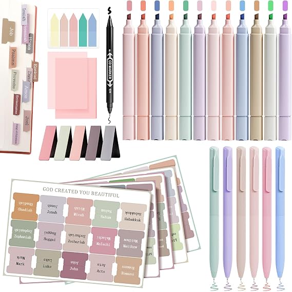 31 PCS Bible Journaling Kit with 12 No Bleed Highlighters, 6 Colour Pens, Bible Tabs and Sticky Notes, Journaling Supplies Set for Study, Notes, Office