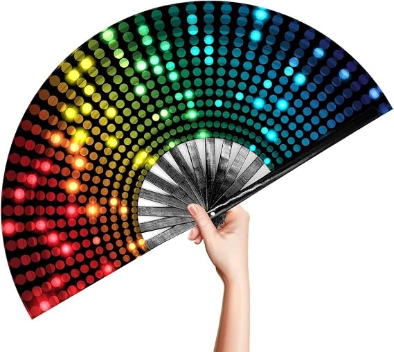 OMyTea Large Rave Clack Popping Fan for Line Dancing - Boots on The Ground Folding Hand Fan - for EDM, Music Festival, Hot Flashes, Party, Decoration (Disco Lights Dots)