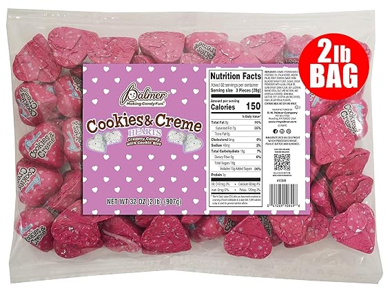 R.M. Palmer Cookies & Creme Hearts, Bulk Bag of Chocolatey Cookies & Cream Candies, Valentines Day Treats (2lbs.)