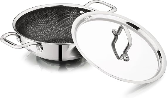 Vinod Platinum SAS Pro Triply Stainless Steel Extra Deep Kadai with Lid, 2.5L, 22cm | Hybrid Non-Stick Hexa Wok | Induction Compatible | Sturdy Handles | Deep Frying & Curry Pan - Silver