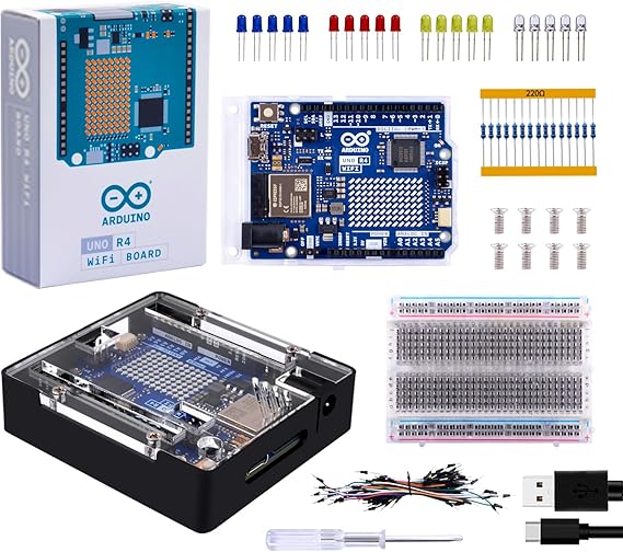GeeekPi Student Starter Kit for Arduino UNO R4 WiFi with official UNO R4 WiFi board, metal case with transparent acrylic cover, 400-hole test board, USB-C cable