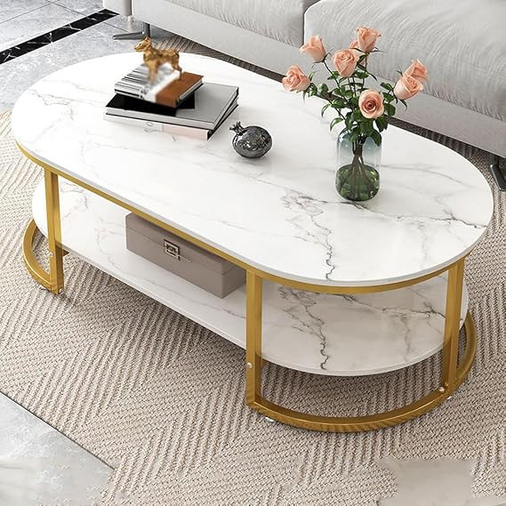 Coffee Table with Storage - 2-Tier Marble & Metal Center Table for Living Room, Mid-Century Modern Design, Stylish Finish