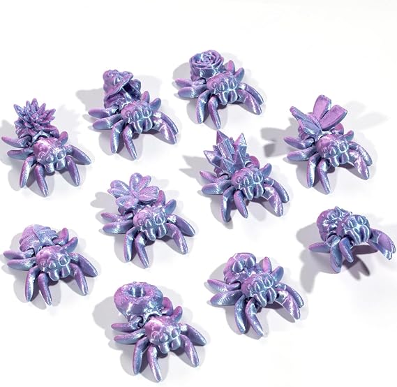QINGMIAO 10Pcs 3D Printed Mini Spiders, Articulated Spider Toys, 3D Print Animals Fidget Toys Decor for Stress Relief, Action Figure Toys Desktop Pet (Fantasy Purple)