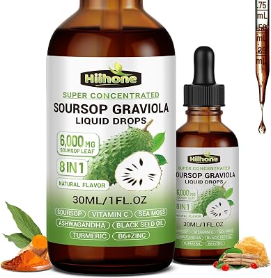 2 Pack 8 in 1 Graviola Soursop Leaf Extract Liquid - Soursop Bitters Liquid with Sea Moss, Ashwagandha and Turmeric, for Immune & Liver, Zzz & Antioxidant & Cell Support,1 Fl Oz