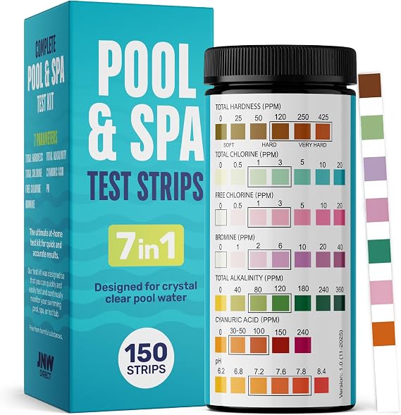 JNW Direct Pool Test Strips for Pools and Spas - 7 in 1 Water Test 150 Pack