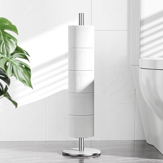 Freestanding Toilet Paper Holder with Shelf,5 Roll Storage,Brushed Nickel | Holds 5 Toilet Paper Rolls,Rustproof Stainless Steel,Waterproof Storage Shelf,Freestanding No Drilling Design,Easy Assembly