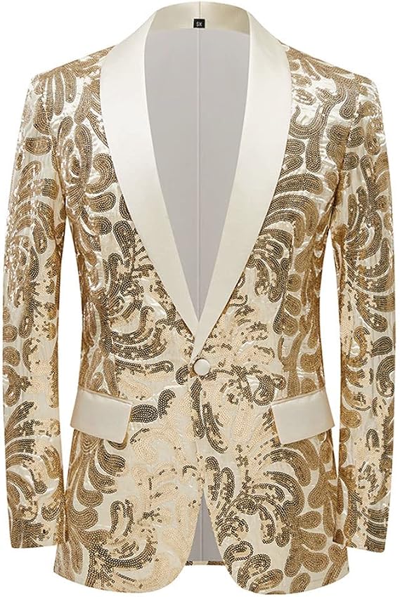 Men Stylish Satin Face Sequins Floral Pattern Suit Jacket Blazer